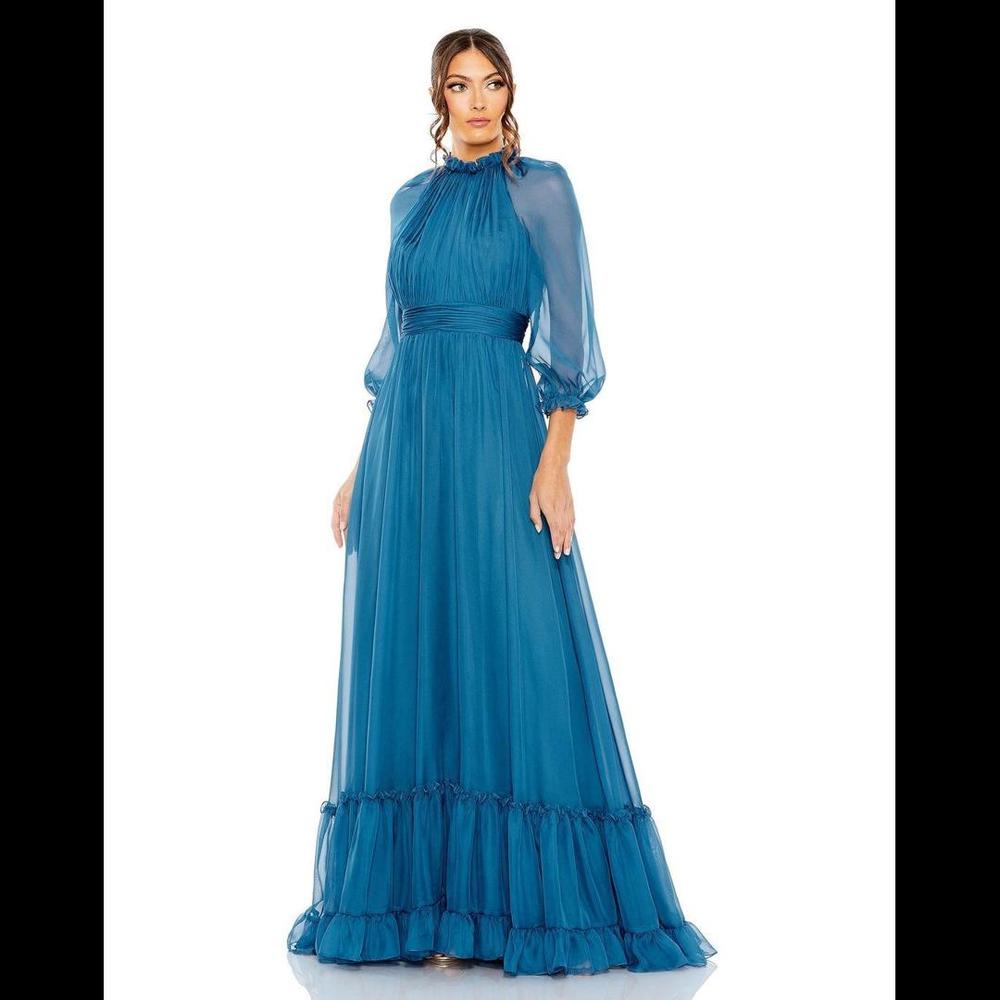 Mac Duggal Blue Maxi Gown with Bishop Sleeves and Mock Neck